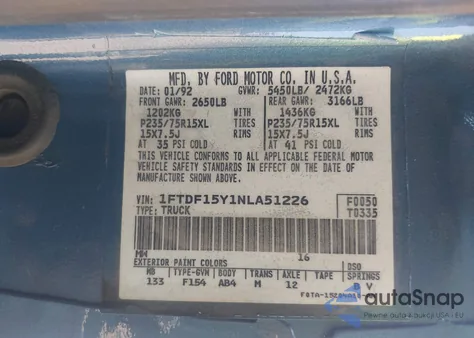 1992 Ford F150 from USA, damaged, VIN 1FTDF15Y1NLA51226